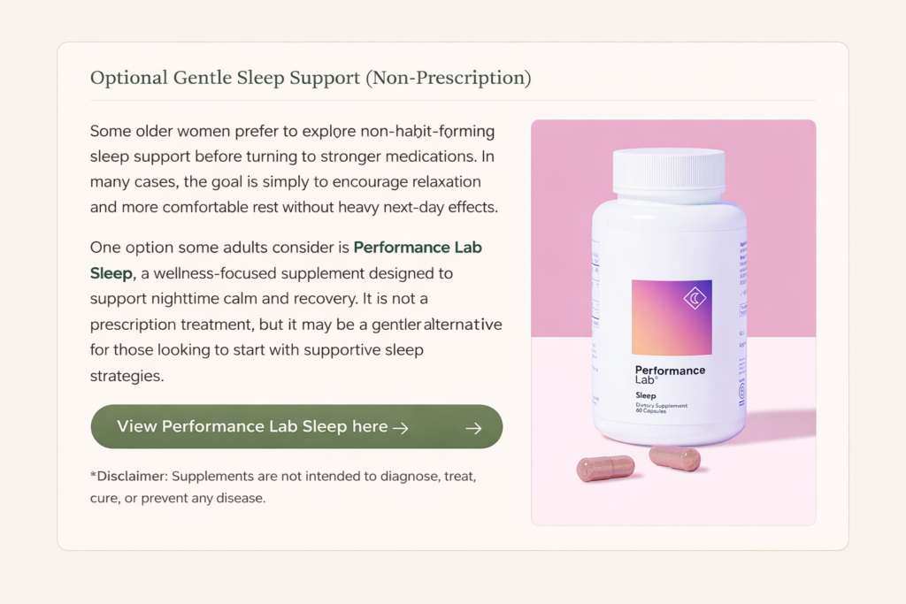 Styled content box showing Performance Lab Sleep supplement as an optional gentle, non-prescription sleep support for older women.