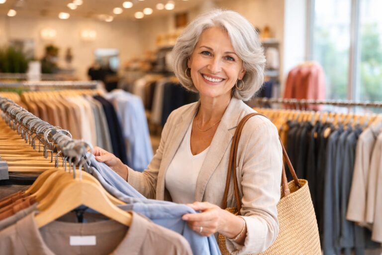 Senior woman shopping at a clothing retailer that offers senior discounts