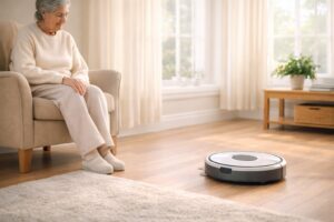 Senior resting comfortably while a robot vacuum cleans the living room floor