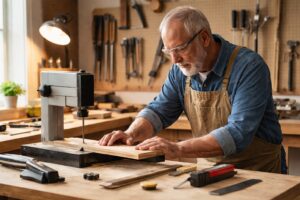 Why Viking Ocean Cruises Are Perfect for the 60+ Traveler 13 Older adult woodworker using controlled woodworking tools in an organized workshop