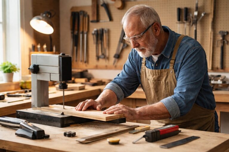 Older adult woodworker using controlled woodworking tools in an organized workshop