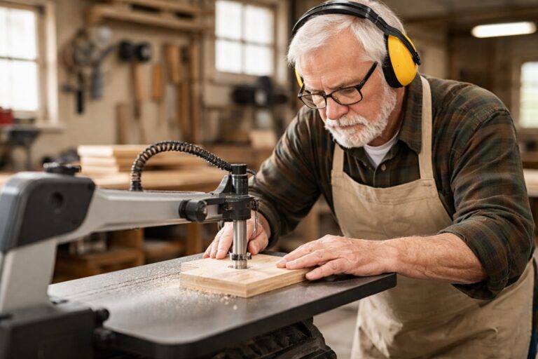 Older adult woodworker using a push-style safety setup while working at a bench
