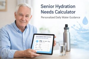 Senior adult using a hydration needs calculator on a tablet to estimate daily water intake