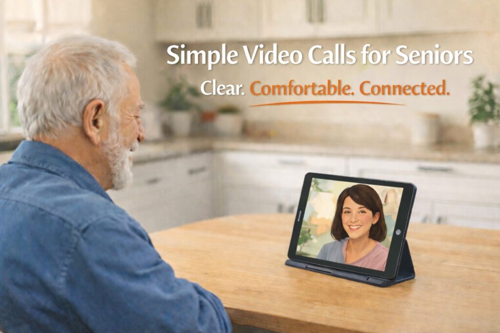 The Simplest Way for Seniors to Make Video Calls 2 Older man using an iPad on a stand to make a video call with his daughter in a bright kitchen setting