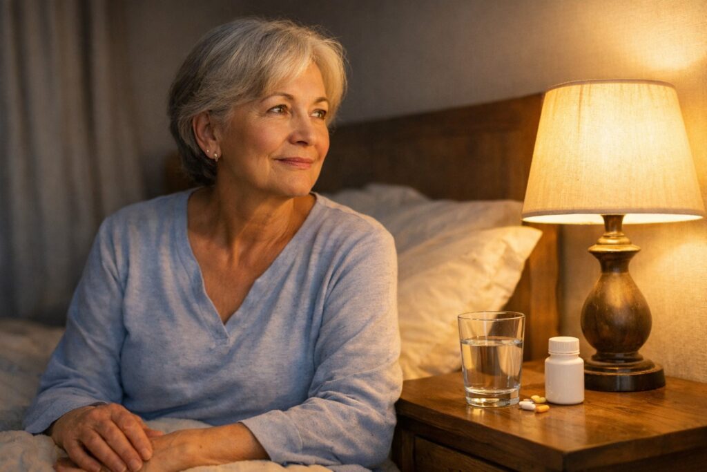 Older woman sitting calmly on her bed at night beside a lamp and a glass of water, reflecting on sleep medication safety.