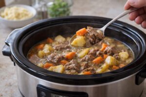 Soft and easy-to-chew slow cooker meal with tender beef, carrots, and potatoes in a crock pot for seniors