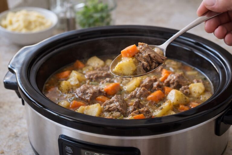 Soft and easy-to-chew slow cooker meal with tender beef, carrots, and potatoes in a crock pot for seniors