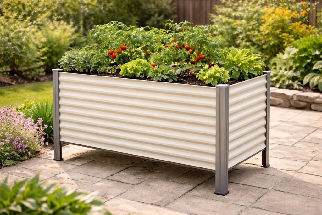 Best Raised Garden Beds for Seniors (Safe, Comfortable & Easy to Use) 7 Tall metal raised garden bed 24 to 30 inches high filled with vegetables in a sunny backyard, designed for comfortable, reduced-bending gardening.