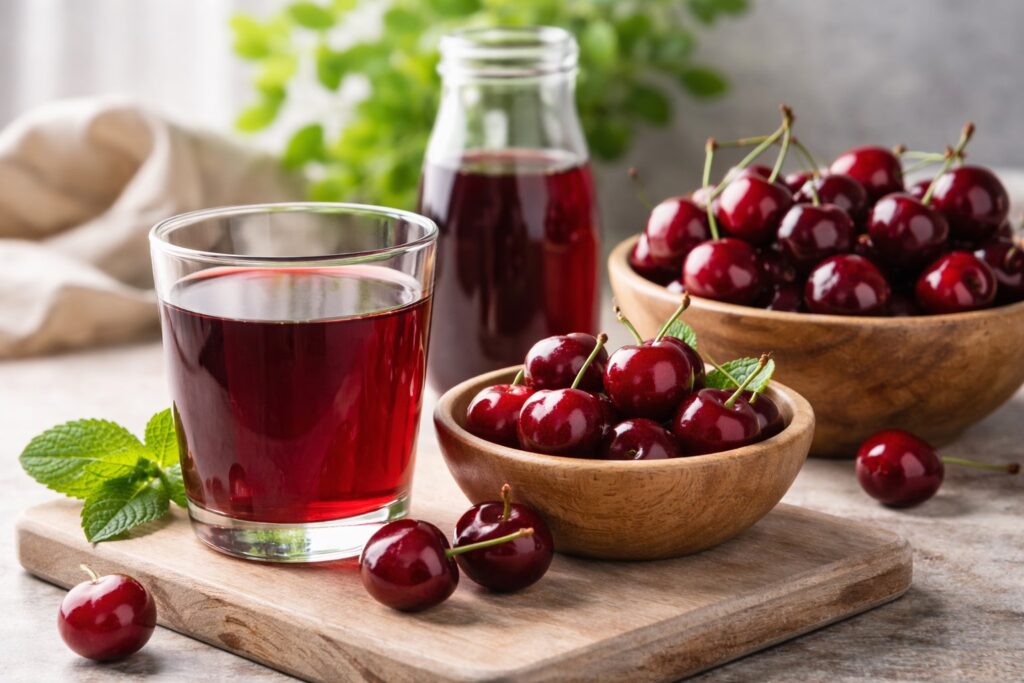 Glass of tart cherry juice with fresh cherries representing natural melatonin for sleep support