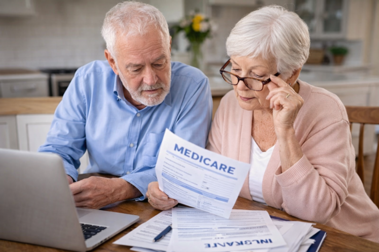Senior couple reviewing Medicare and insurance paperwork while considering walk-in tub installation