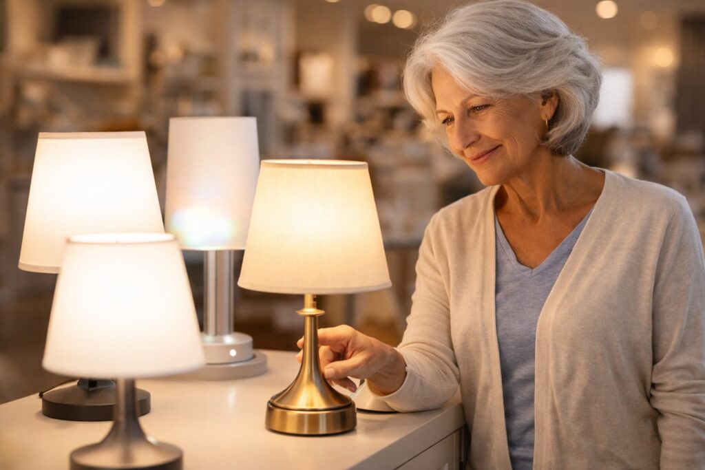 Best Bedside Lighting for Seniors 4 Senior woman comparing bedside lamps with warm lighting options in a home store