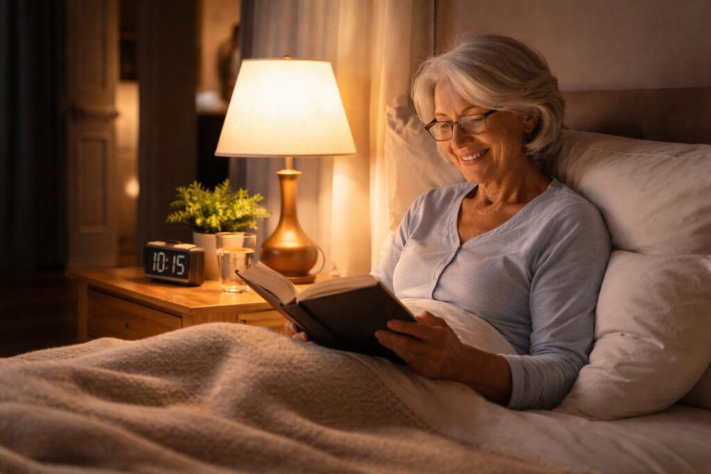 Best Bedside Lighting for Seniors 3 Warm bedside lamp providing safe nighttime lighting for a senior reading in bed
