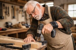 Top 5 Volunteer Opportunities for Seniors Looking to Give Back 6 Older adult woodworker using a cordless drill with wrist support at a workbench