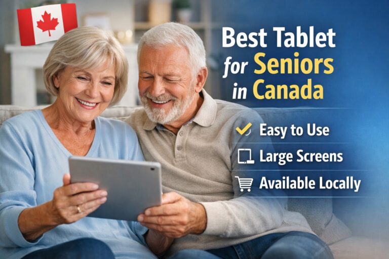 Smiling senior couple using an easy-to-use tablet at home with Best Tablet for Seniors in Canada text overlay