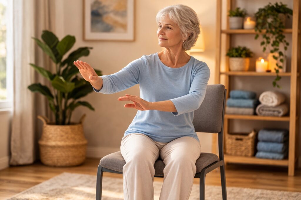 Chair Tai Chi for Seniors: Gentle Seated Movements to Improve Balance and Flexibility 5 Senior practicing seated Tai Chi cloud hands movement.