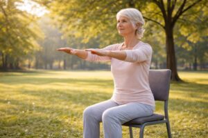 Montana Senior Communities 8 Senior practicing chair Tai Chi seated exercise outdoors.