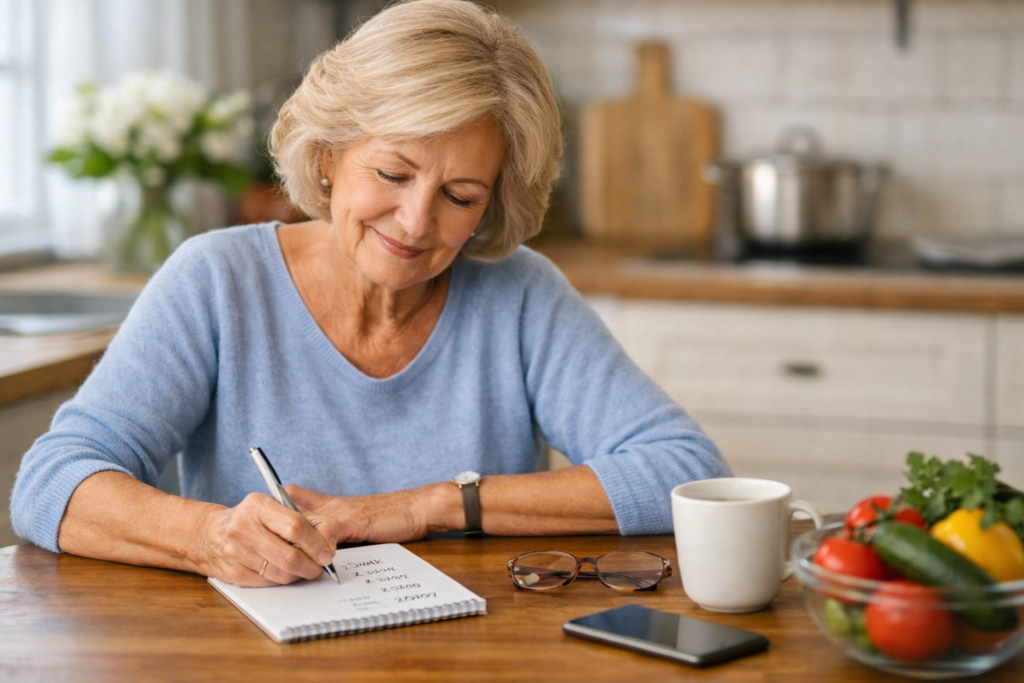 Senior woman writing a grocery list at kitchen table with fresh vegetables and smartphone