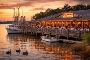 Hudson’s Seafood House on the Docks waterfront restaurant in Hilton Head Island at sunset.
