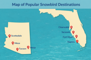 Map showing popular snowbird destinations in Florida and Arizona including Naples, Sarasota, Fort Myers, Clearwater, Scottsdale, Mesa, and Tucson.