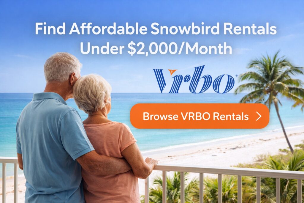 Senior couple looking at beachfront VRBO snowbird rental for winter stay