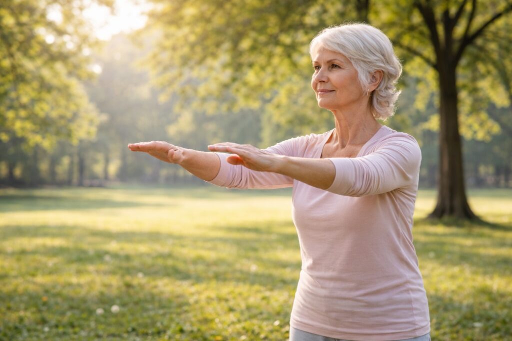 Tai Chi for Beginners Over 60: Gentle Movements to Improve Balance and Mobility 7 Senior practicing Tai Chi arm float movement outdoors.