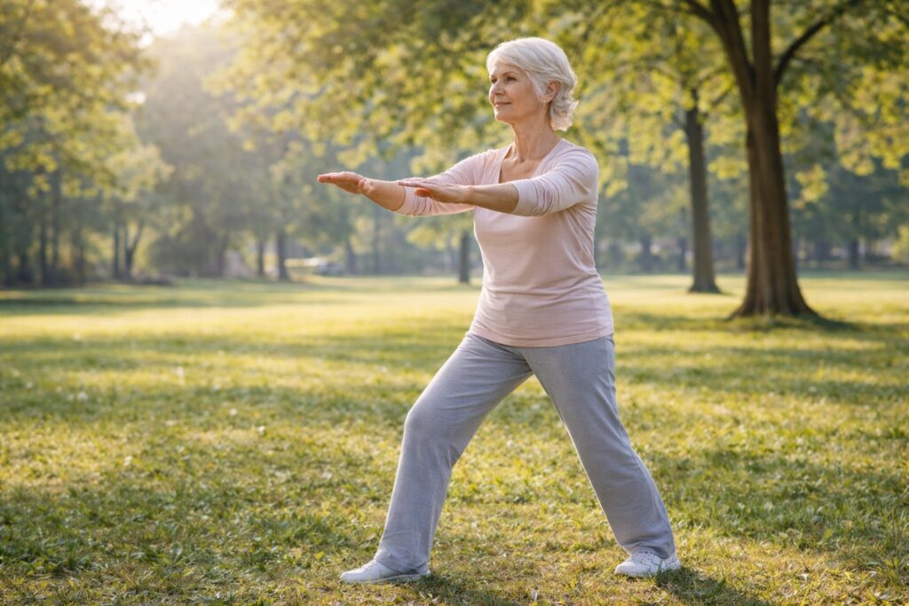 Tai Chi for Beginners Over 60: Gentle Movements to Improve Balance and Mobility 8 Senior practicing Tai Chi weight shift balance exercise outdoors.