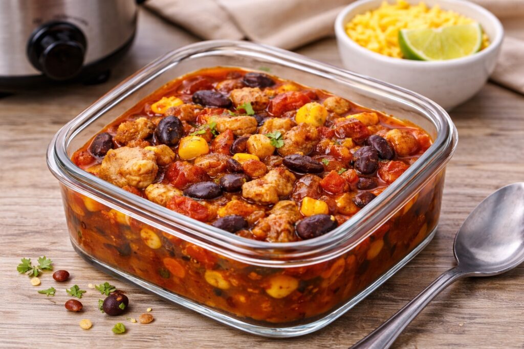 Crockpot Meals for Seniors Living Alone 4 Turkey and black bean chili in glass container prepared in slow cooker for single serving meal