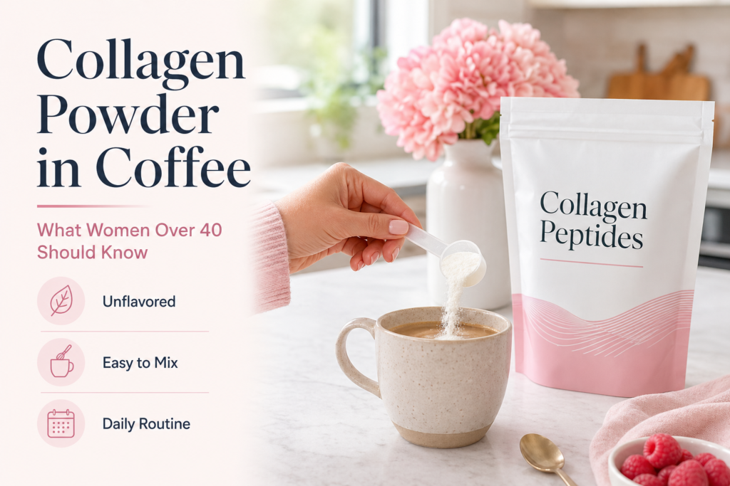 Woman adding unflavored collagen powder to a cup of coffee beside a plain collagen peptides pouch in a bright kitchen.