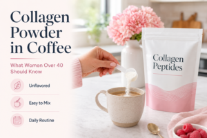 Woman adding unflavored collagen powder to a cup of coffee beside a plain collagen peptides pouch in a bright kitchen.
