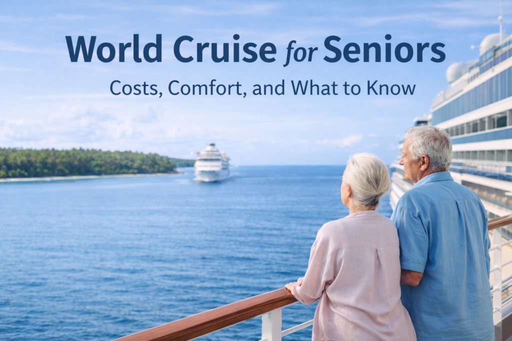 World Cruise for Seniors 2026: Are you ready? 2 Senior couple standing on a cruise ship and looking out over the ocean during a world cruise