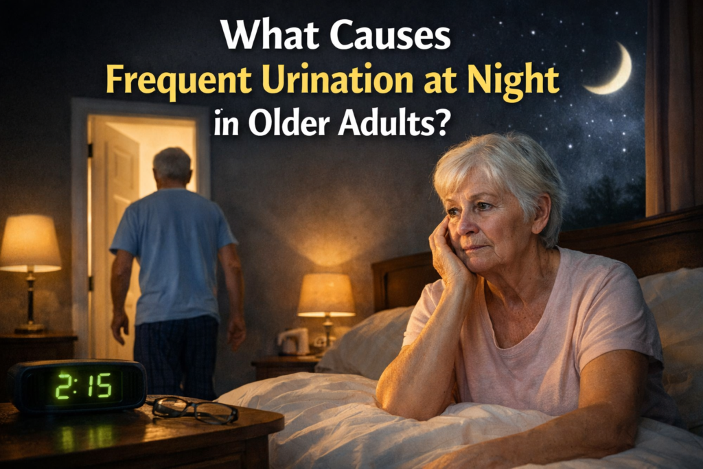 What Causes Frequent Urination at Night in Older Adults? 2 Older couple in bedroom at night as a man walks toward the bathroom, illustrating frequent nighttime urination in older adults