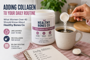 Healthy Bones Co Collagen Peptides beside a cup of coffee with a scoop of collagen powder being added as part of a daily routine for women over 40.