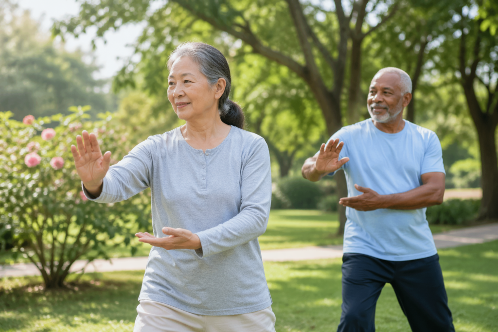 Two seniors practicing tai chi outdoors with calm and confident movement