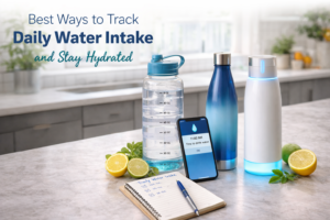 Water bottles, smartphone reminder, and notebook showing ways to track daily water intake