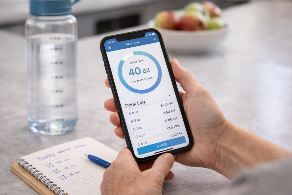 Adult using a smartphone app to track daily water intake with a water bottle nearby