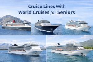 Collage of cruise ships from major lines that offer world cruises for seniors