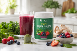 Zena Nutrition Organic Super Greens powder with a mixed berry drink, fresh berries, leafy greens, mushrooms, and a scoop of green powder on a kitchen counter.