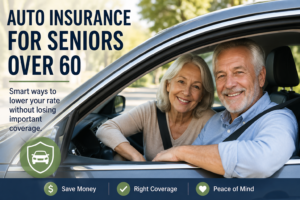 Older couple sitting in a car with text about auto insurance for seniors over 60 and ways to lower rates while keeping coverage.