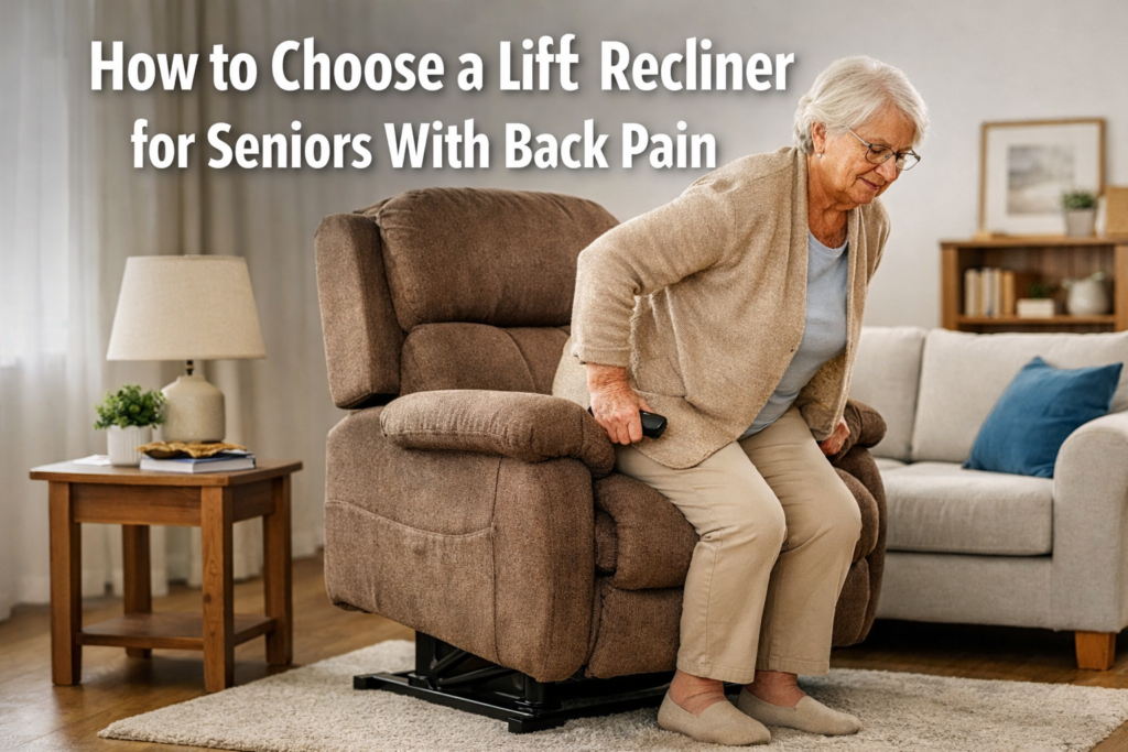 Older woman using a lift recliner in a living room to stand more comfortably with back pain support