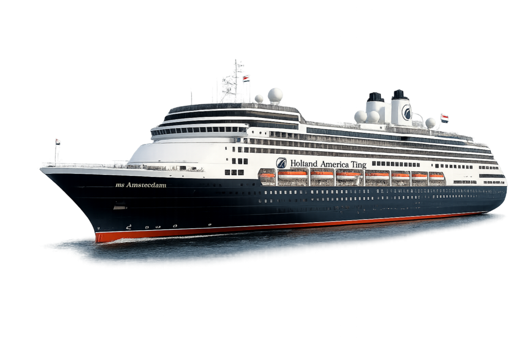 Holland America Line cruise ship used for world cruises, shown isolated for a seniors travel article