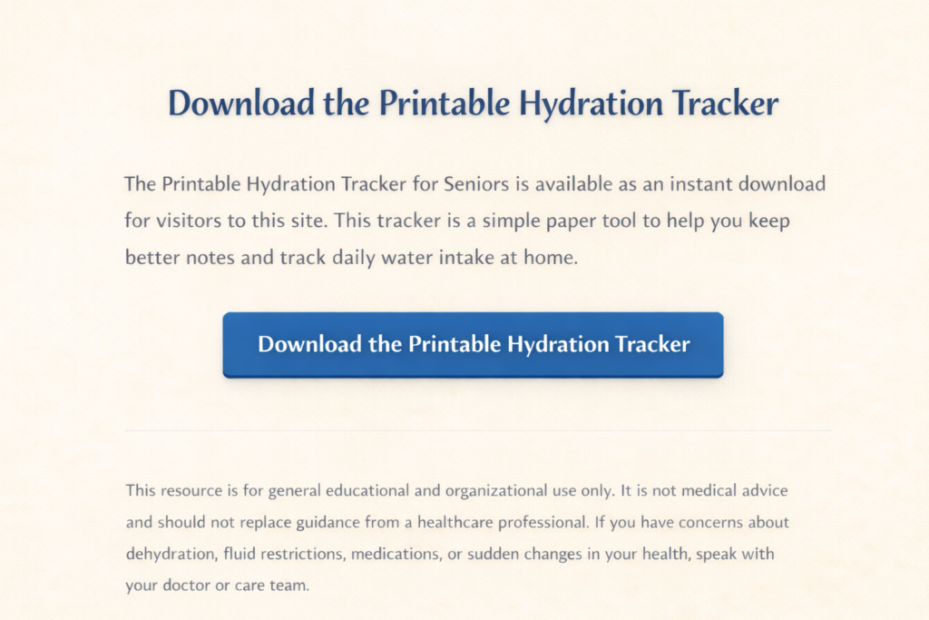 Preview image of the Printable Hydration Tracker for Seniors download page with cream background and blue download button