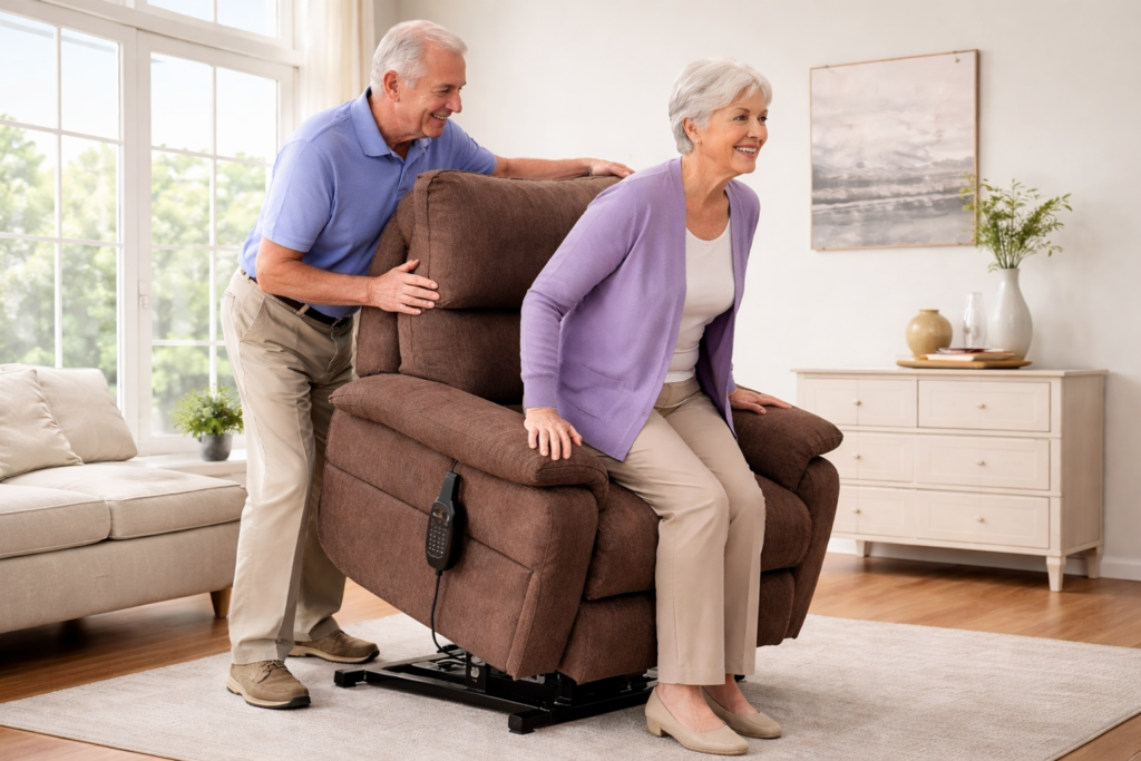Older couple in a living room using a power lift recliner to help with smooth standing support