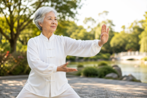 Senior practicing tai chi outdoors in a peaceful setting