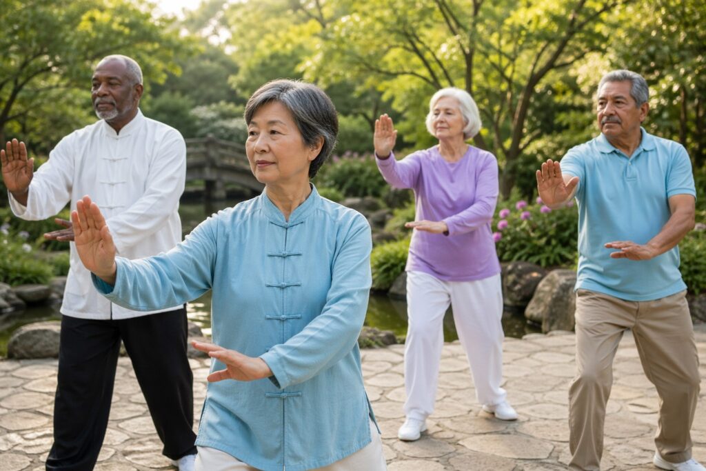 Diverse group of seniors practicing tai chi in a peaceful garden setting