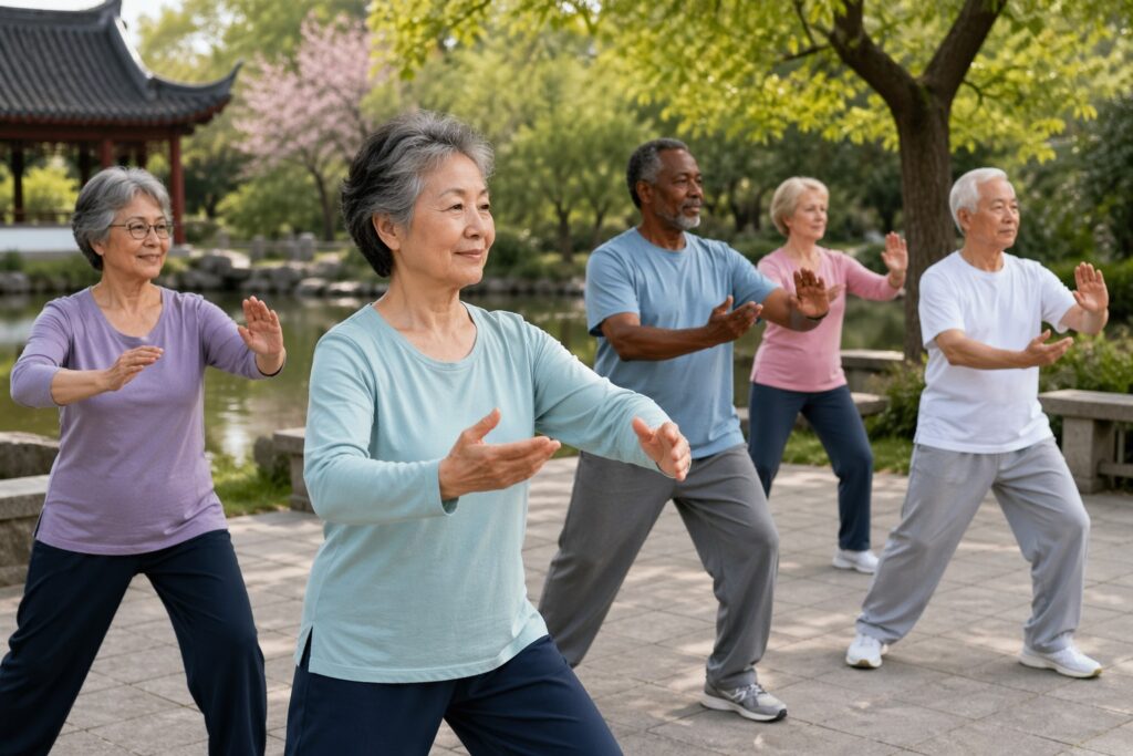 Diverse group of seniors practicing tai chi together in a peaceful park