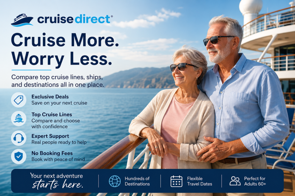 Senior couple standing on a cruise ship deck with CruiseDirect travel graphics about comparing cruise lines, destinations, deals, and support.