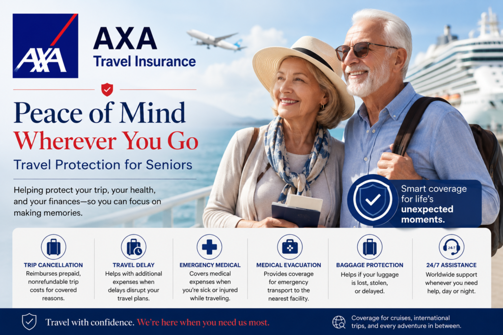 Senior couple on a cruise ship with AXA Travel Insurance graphics about trip cancellation, emergency medical coverage, travel delay, baggage protection, and 24/7 assistance.