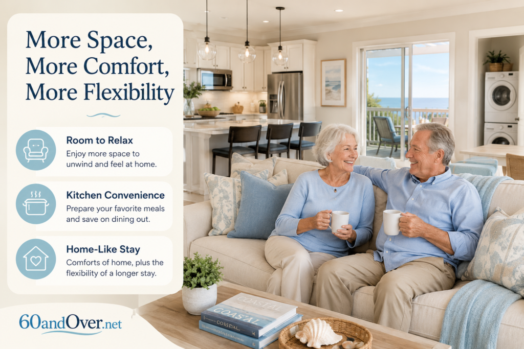 Senior couple relaxing in a bright vacation rental with graphics about more space, kitchen convenience, and a home-like stay after 60.