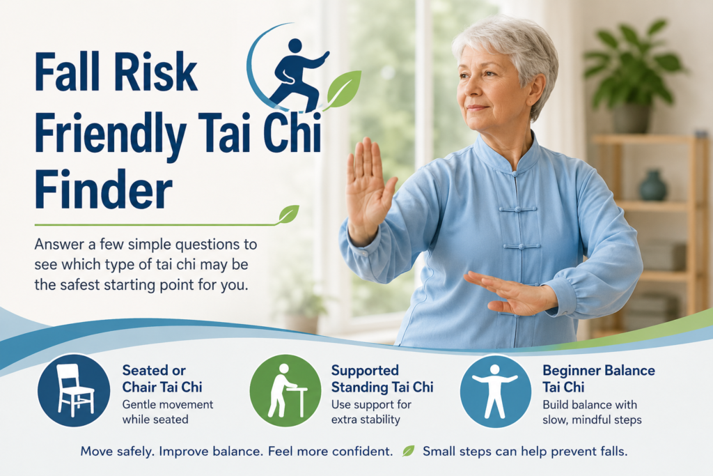 Senior woman practicing gentle tai chi with graphics for seated chair tai chi, supported standing tai chi, and beginner balance tai chi.