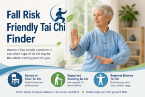 Senior woman practicing gentle tai chi with graphics for seated chair tai chi, supported standing tai chi, and beginner balance tai chi.